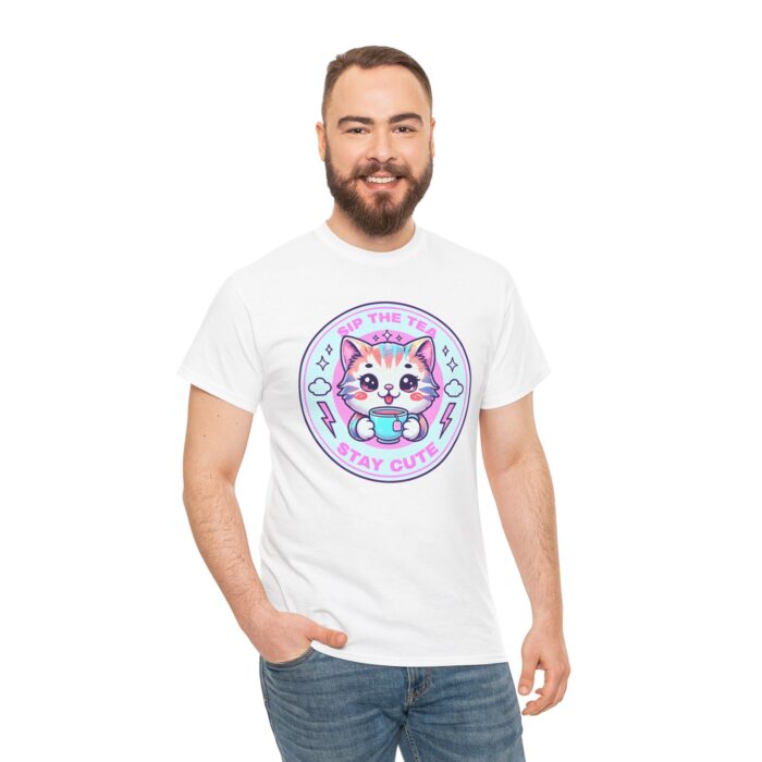 Stay Cute Cat Unisex Heavy Cotton Tee - Sip the Tea Design - Image 3