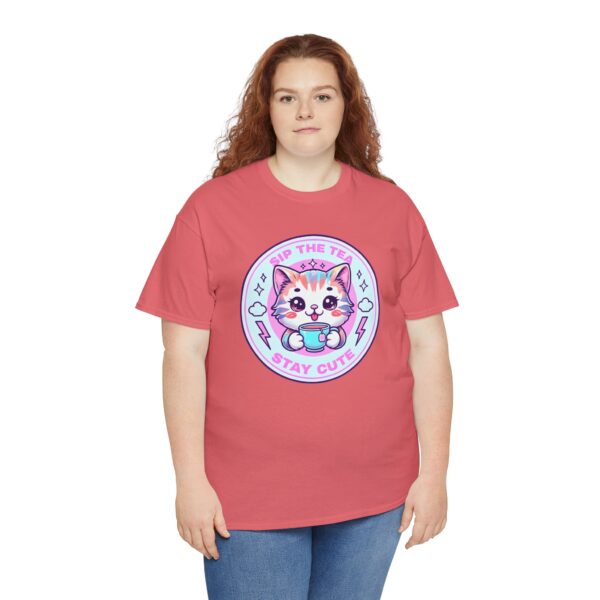 Stay Cute Cat Unisex Heavy Cotton Tee - Sip the Tea Design - Image 11