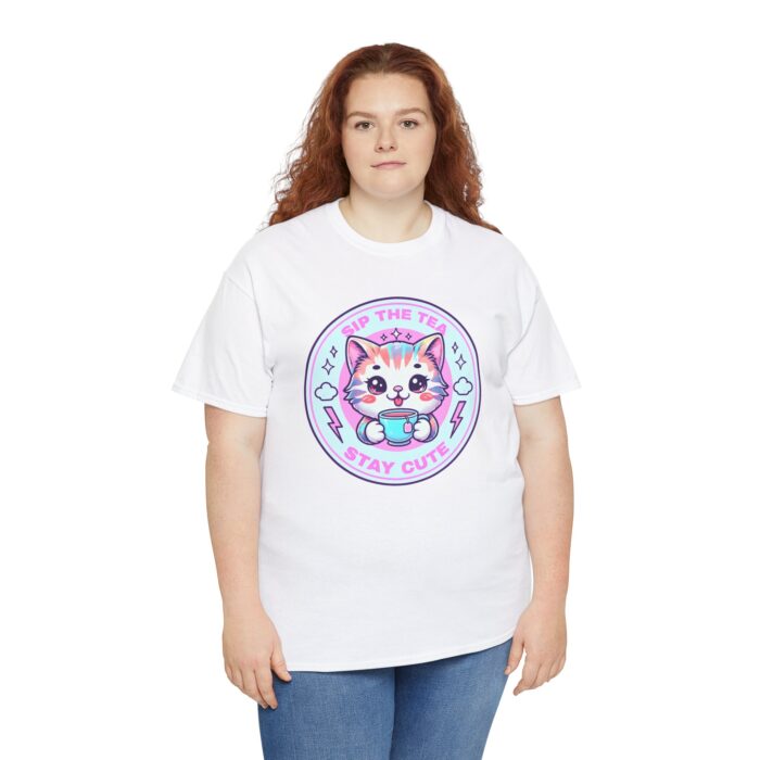 Stay Cute Cat Unisex Heavy Cotton Tee - Sip the Tea Design - Image 5